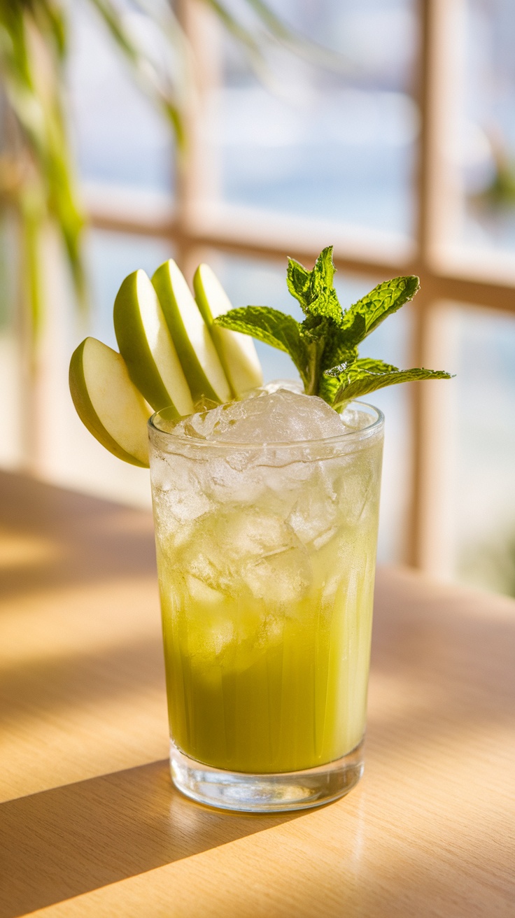 Refreshing Green Apple Julep Cocktail Recipe Green Apple Julep cocktail in a glass with mint and apple garnish on a sunny table.